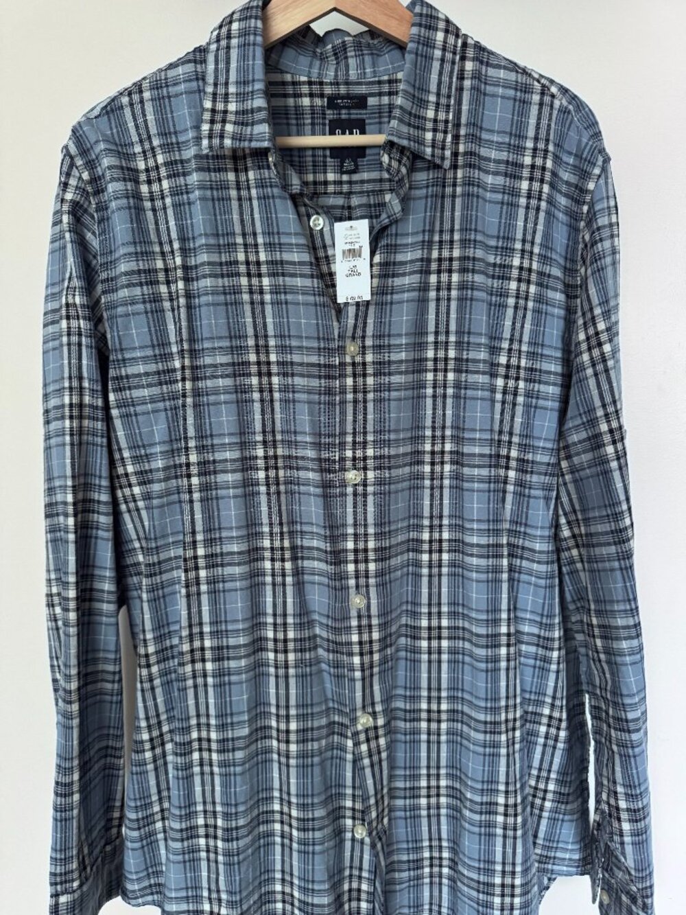 GAP Men’s Linen Blend Plaid Button Up Shirt Blue Gray LG Tall NWT